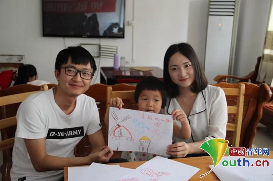参加联谊活动的青年男女陪孩子画画。天津工业大学研支团 供图